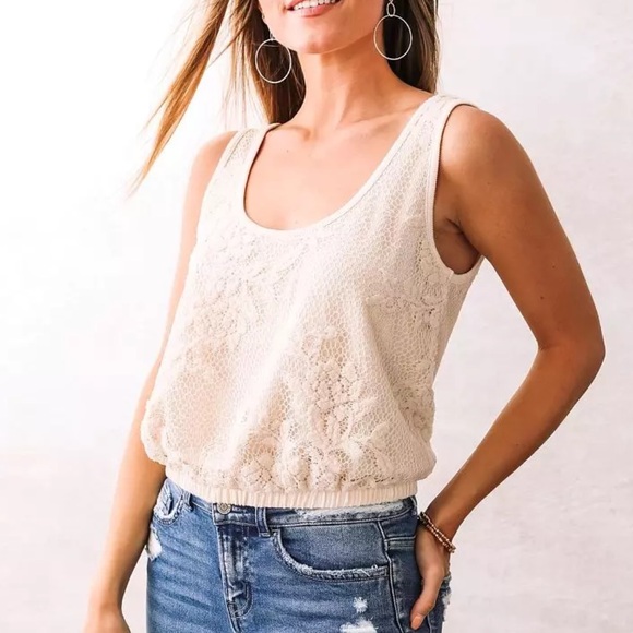 Willow & Root Cream Lace Overlay Bubble Tank Top - Picture 1 of 7